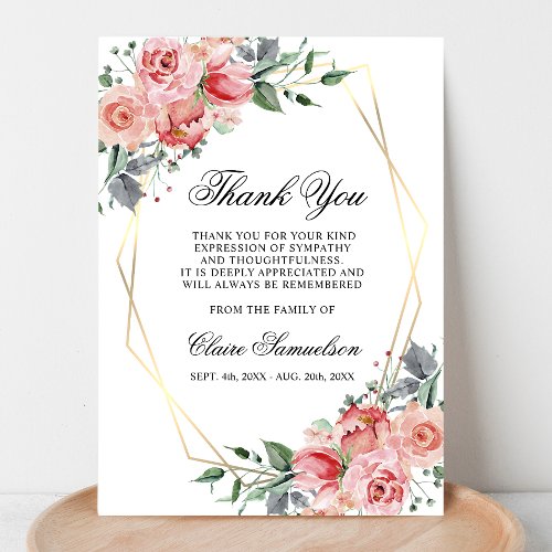 Sympathy Funeral THANK YOU Watercolor Pink Floral