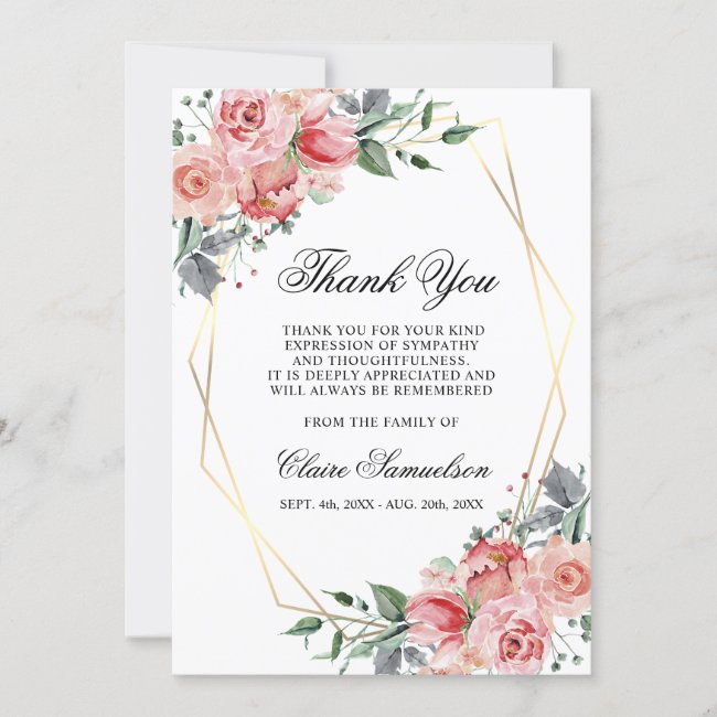 Sympathy Funeral THANK YOU Watercolor Pink Floral