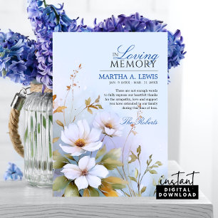 Sympathy Funeral White Wildflowers Blue Thank You Card