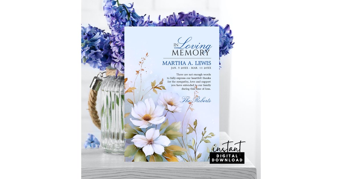 Sympathy Funeral White Wildflowers Blue Thank You Card | Zazzle