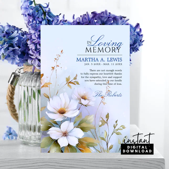 Sympathy Funeral White Wildflowers Blue Thank You Card | Zazzle