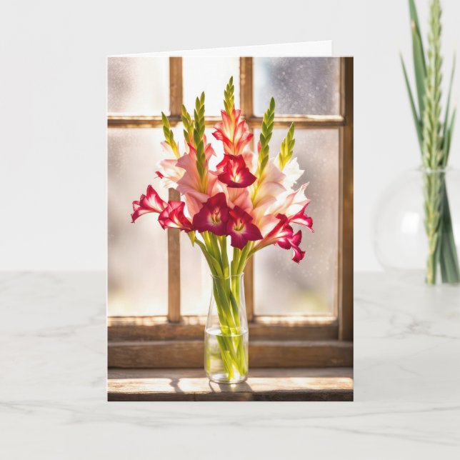 Sympathy Gladiolus Bouquet In a Sunny Window Card (Front)