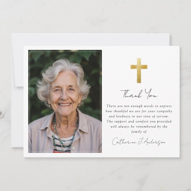 Sympathy Gold Cross Photo Funeral  Thank You Card (Front)