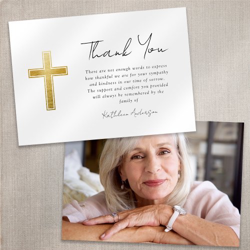 Sympathy Gold Cross Photo Funeral  Thank You Card