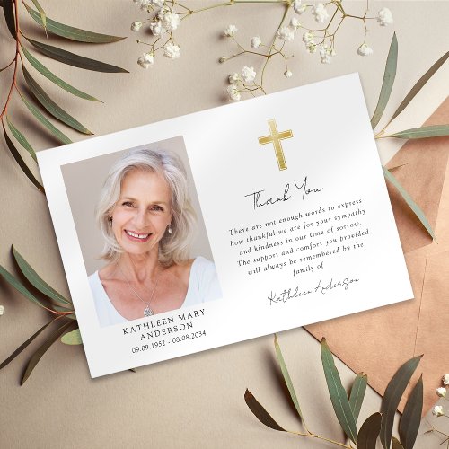 Sympathy Gold Cross Photo Funeral  Thank You Card