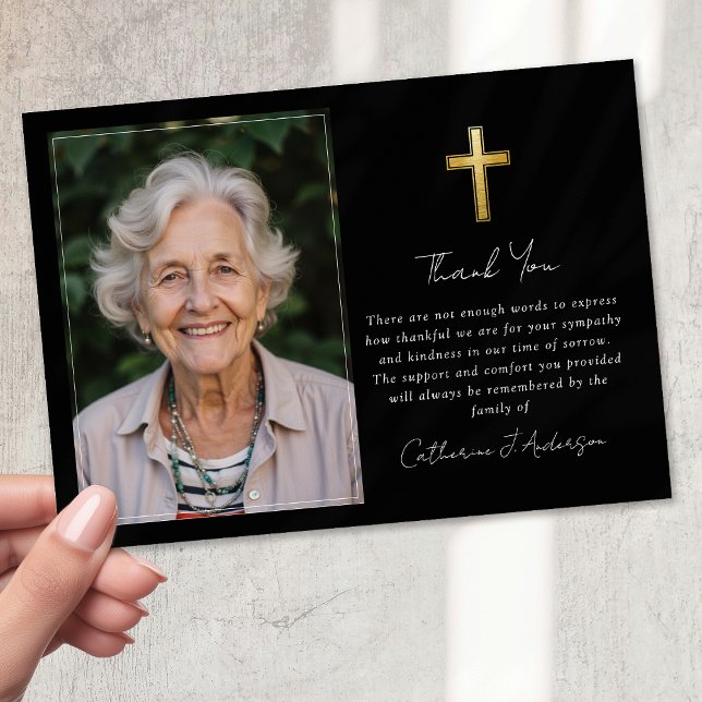 Sympathy Gold Cross Photo Funeral  Thank You Card (Creator Uploaded)