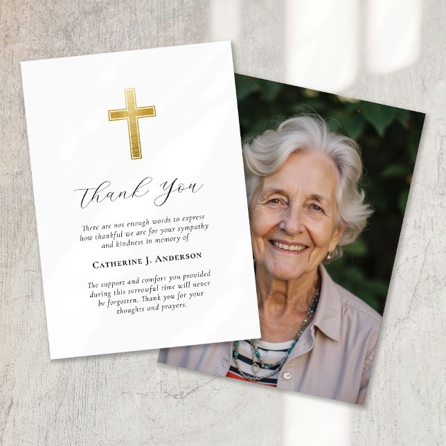 Sympathy Gold Cross Photo Funeral  Thank You Card (Creator Uploaded)