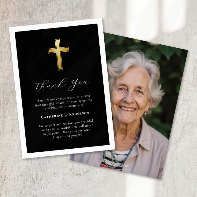 Sympathy Gold Cross Photo Funeral  Thank You Card (Creator Uploaded)