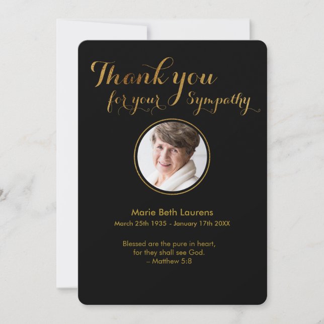 Sympathy Gold Script Thank You Card with Photo (Front)