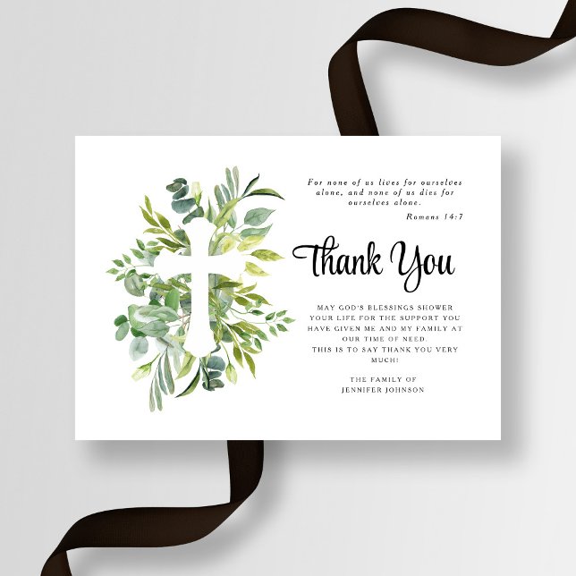 Sympathy Greenery Cross Funeral  Thank You Card (Sympathy Greenery Cross Funeral Thank You Card)