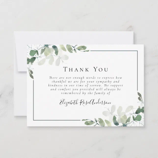 Sympathy Greenery Eucalyptus Funeral Thank You Card | Zazzle