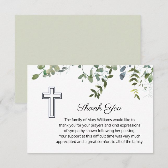Sympathy Greenery With Cross Funeral Thank You (Front/Back)