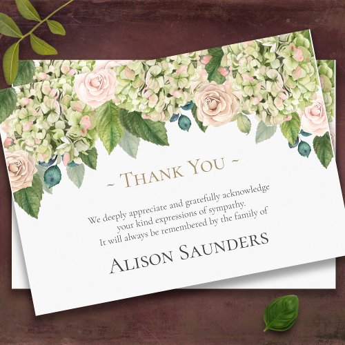 Sympathy Hydrangea Roses Funeral Thank You Card