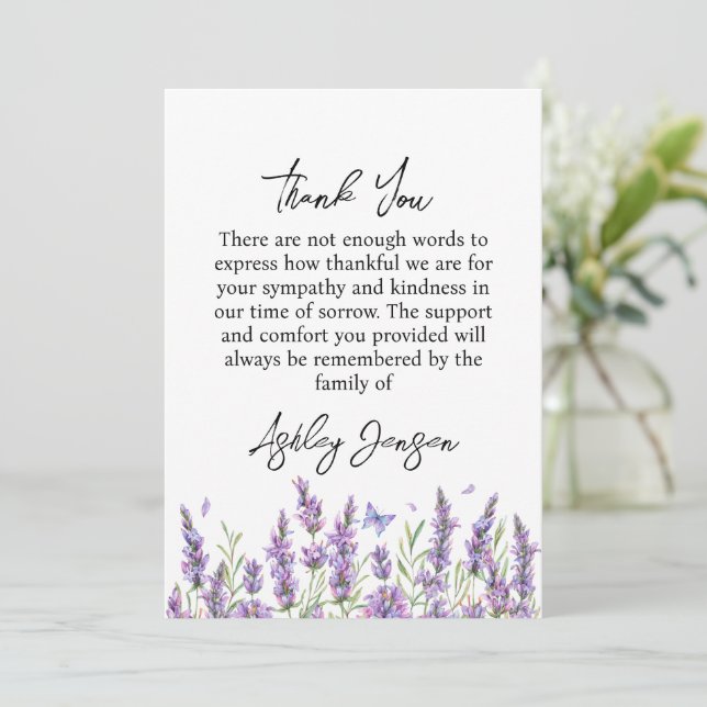 Sympathy Lavender Funeral Thank You Card (Standing Front)