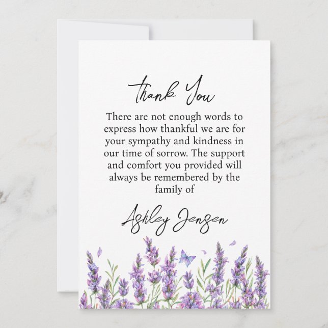 Sympathy Lavender Photo Funeral Thank You Card (Back)