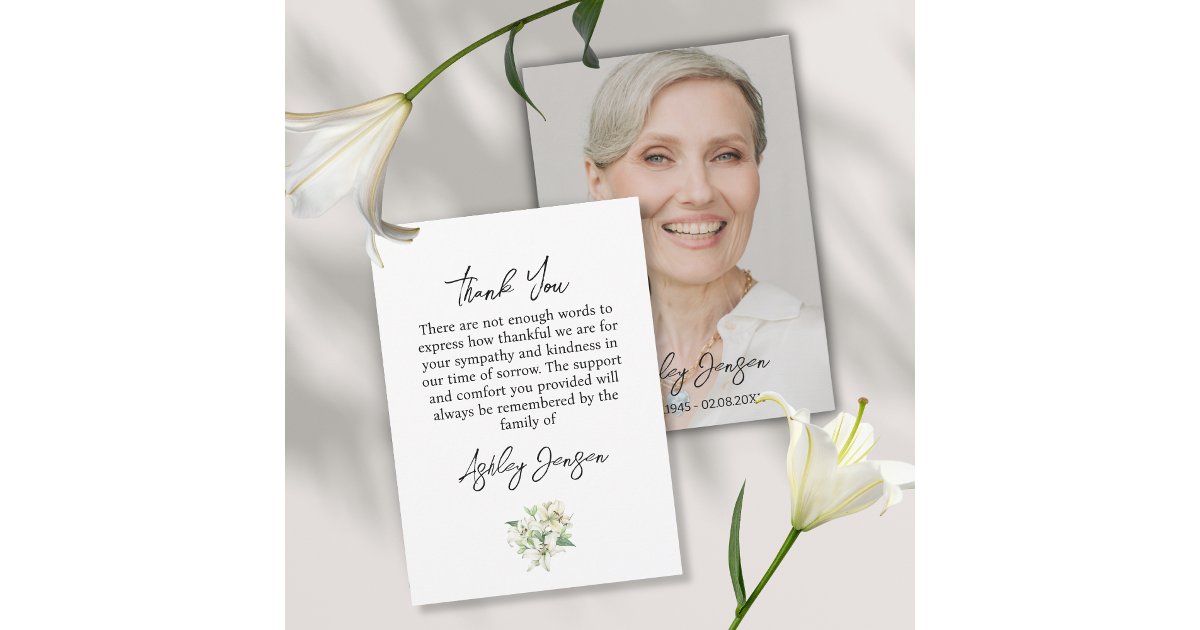 Sympathy Lily Photo Funeral Thank You Card | Zazzle