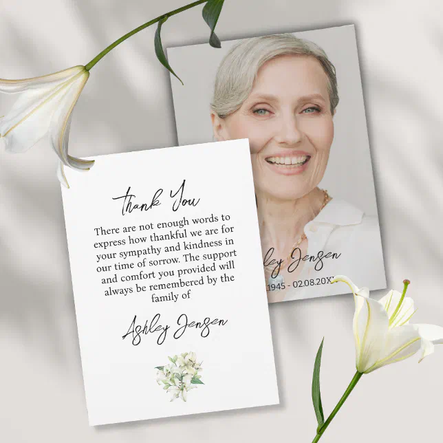 Sympathy Lily Photo Funeral Thank You Card | Zazzle