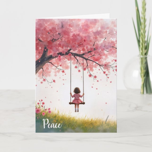 Sympathy Little Girl On a Cherry Tree Swing Card (Front)