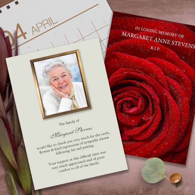 Sympathy Loss Red Rose Funeral Thank You Cards (funeral thank you cards, bereavement, elegant, simple, celebration of life, sympathy card)