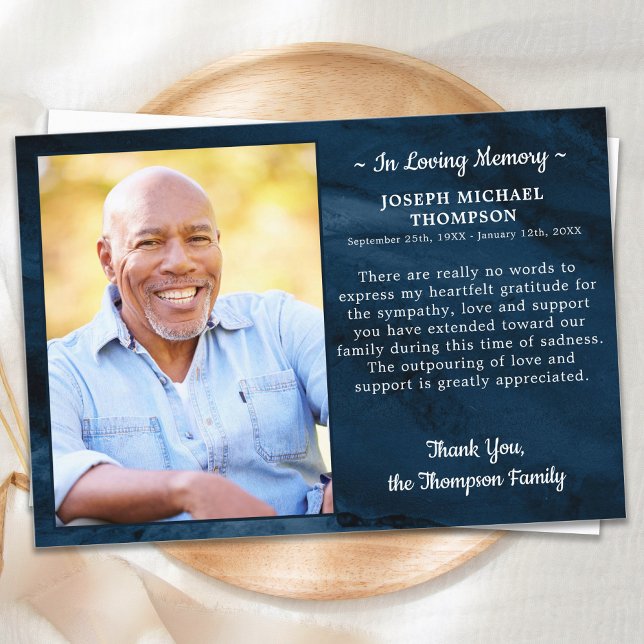 Sympathy Loving Memory Photo Blue Marble Funeral Thank You Card (Creator Uploaded)