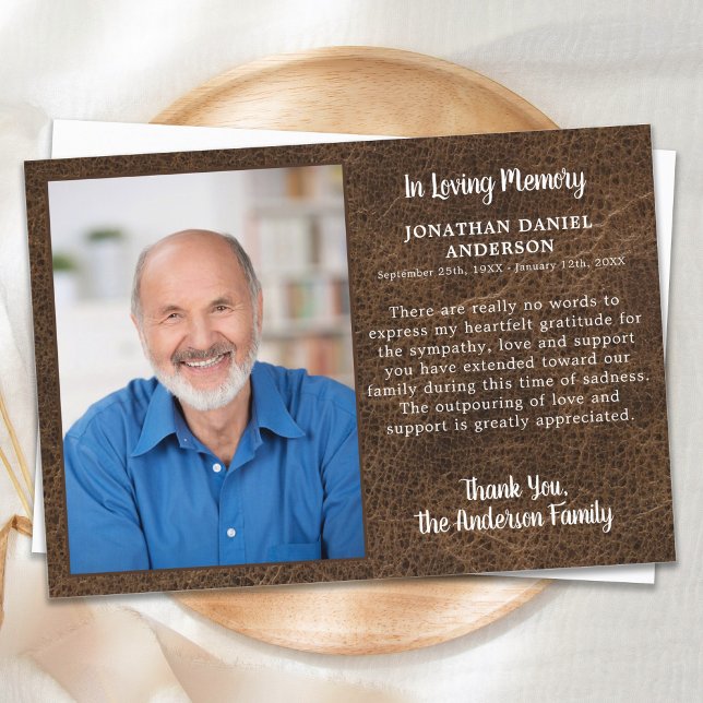 Sympathy Loving Memory Photo Faux Leather Funeral Thank You Card (Creator Uploaded)