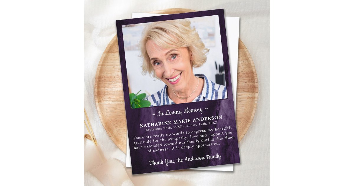 Sympathy Loving Memory Photo Marble Purple Funeral Thank You Card | Zazzle