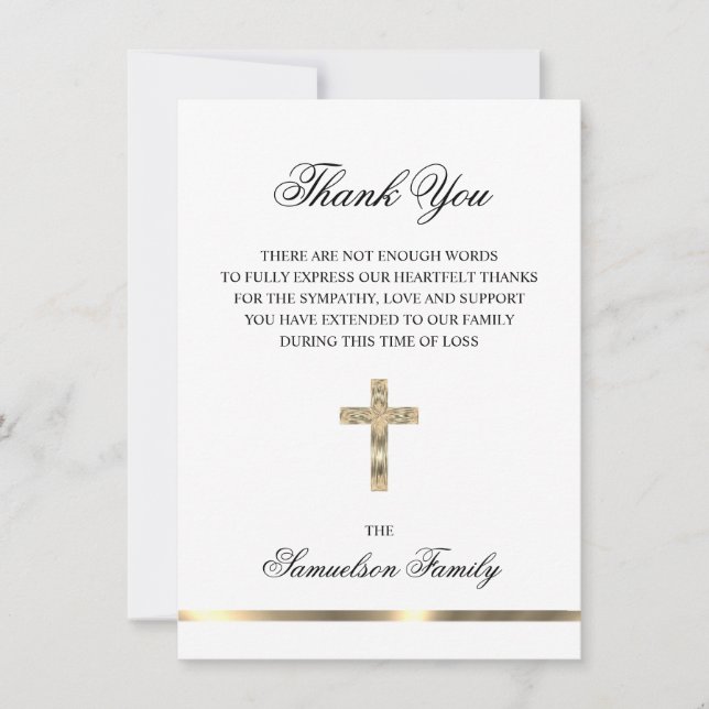 Sympathy Memorial Cross Gold PHOTO Thank You Card (Front)