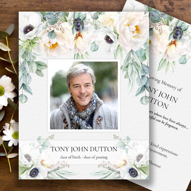 Sympathy Memorial Floral Photo Thank You Card (Eucalyptus and White Roses Sympathy Bereavement Memorial Funeral Thank You Card)