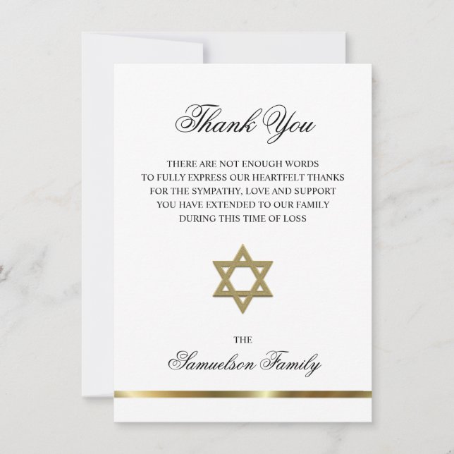Sympathy Memorial Jewish Star Gold PHOTO Thank You (Front)