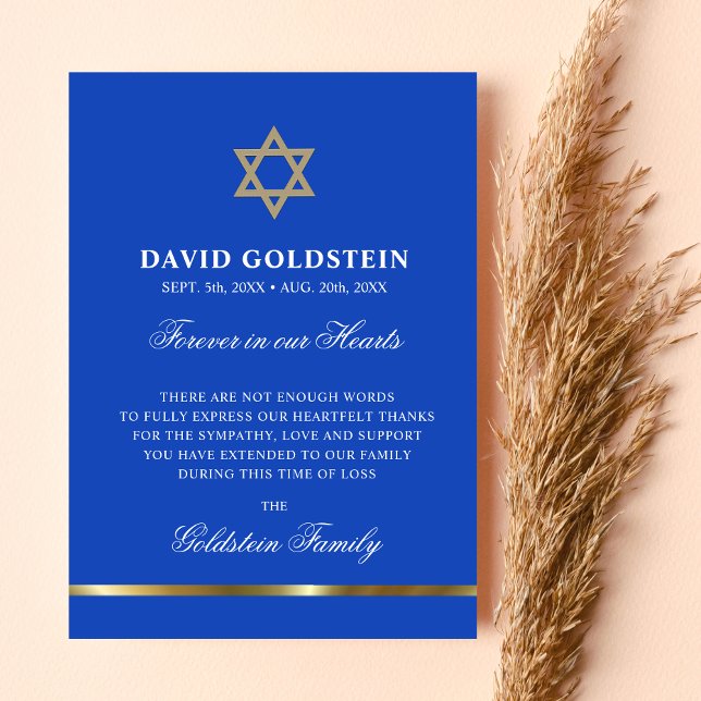 Sympathy Memorial Jewish Star of David Blue Gold Thank You Card (Creator Uploaded)
