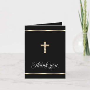 Sympathy Memorial Religious Cross Black Gold Letterpress Thank You Card