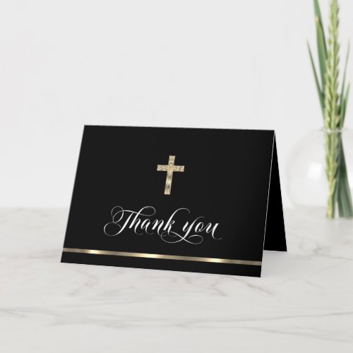 Sympathy Memorial Religious Cross Black Gold Thank Thank You Card
