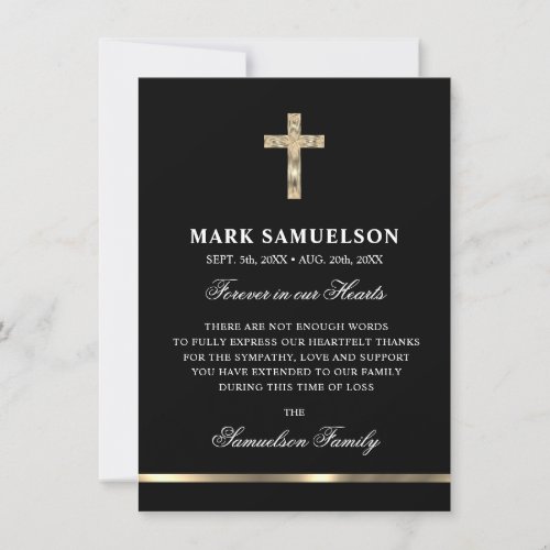 Sympathy Memorial Religious Cross Black Gold Thank You Card