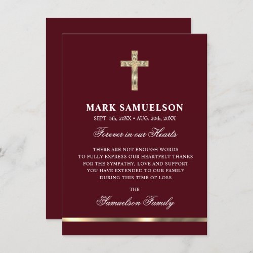 Sympathy Memorial Religious Cross  Burgundy Gold Thank You Card