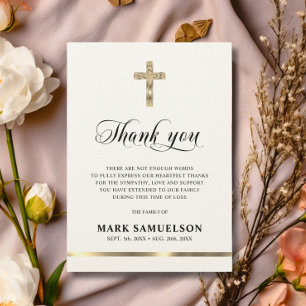 Sympathy Memorial Religious Cross Ecru Gold Thank You Card