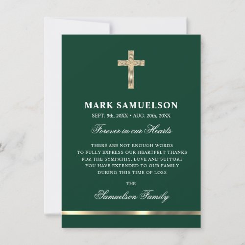 Sympathy Memorial Religious Cross Green Gold  Thank You Card