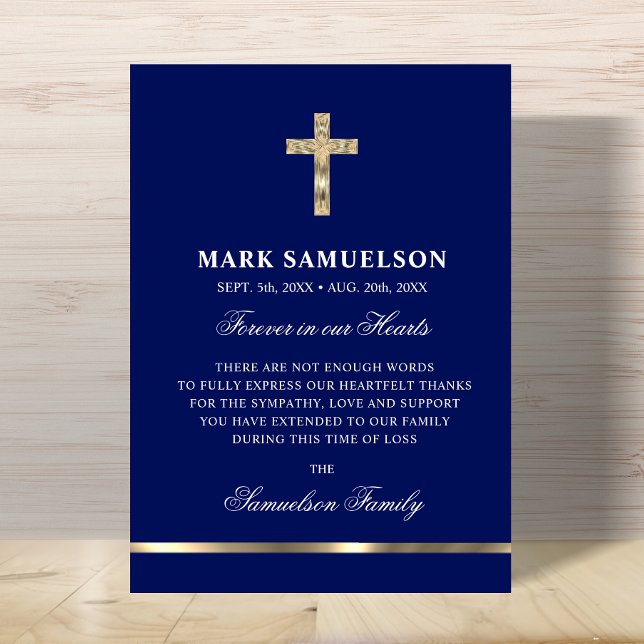 Sympathy Memorial Religious Cross Navy Gold Thank You Card (Sympathy Memorial Religious Cross Navy Gold Thank You Card)