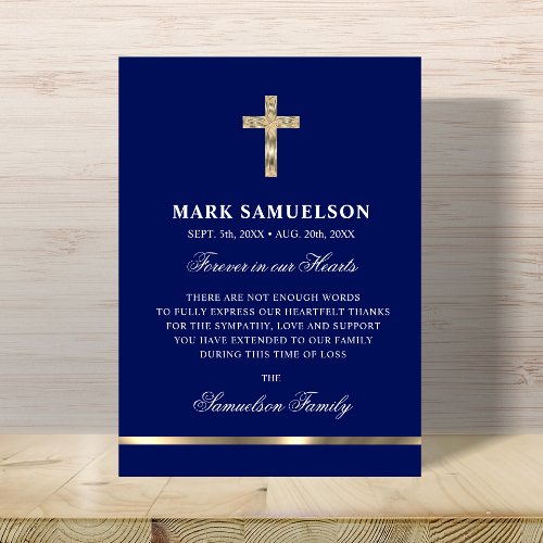 Sympathy Memorial Religious Cross Navy Gold Thank You Card