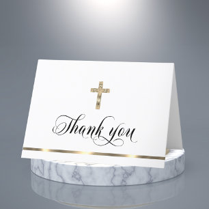 Sympathy Memorial Religious Cross White Gold Letterpress Thank You Card