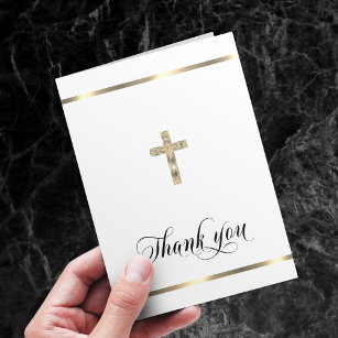 Sympathy Memorial Religious Cross White Gold PHOTO Thank You Card