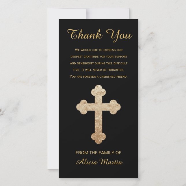 Sympathy Memorial Thank You Gold Religious Cross Card (Front)