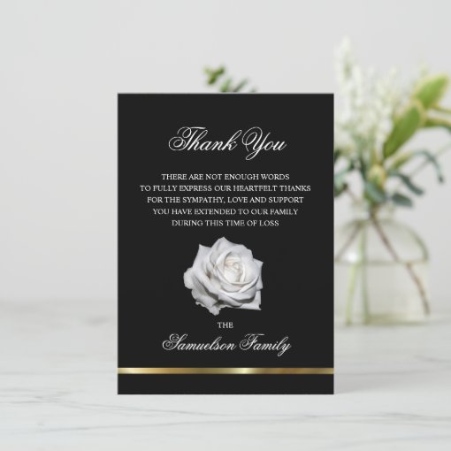 Sympathy Memorial White Rose Black Gold PHOTO Thank You Card | Zazzle
