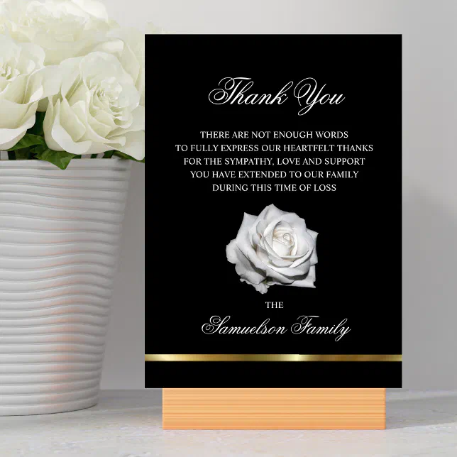 Sympathy Memorial White Rose Black Gold PHOTO Thank You Card | Zazzle