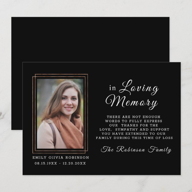  Sympathy Memory Black Gold THANK YOU Photo (Front/Back)