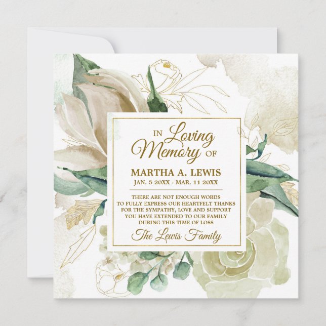 Sympathy Memory Creme Floral THANK YOU Card (Front)