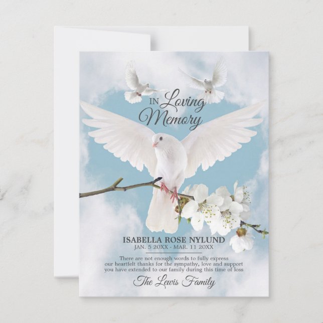 Sympathy Memory White Dove Heaven In Memory Thank  Invitation (Front)