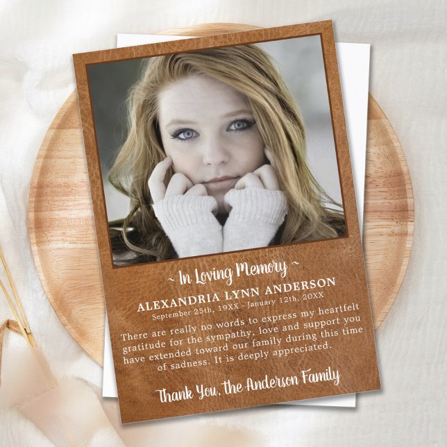 Sympathy Modern Leather In Memory Photo Funeral Thank You Card (Creator Uploaded)