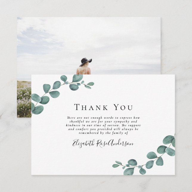 Sympathy Photo Eucalyptus Funeral Thank You Card (Front/Back)