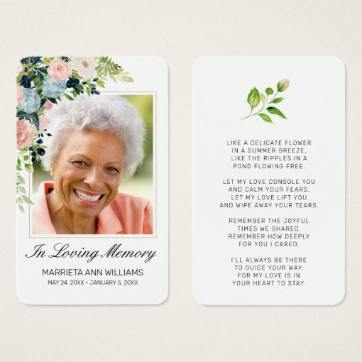 Sympathy Pink Blue Rose Floral Photo Prayer Card | Zazzle