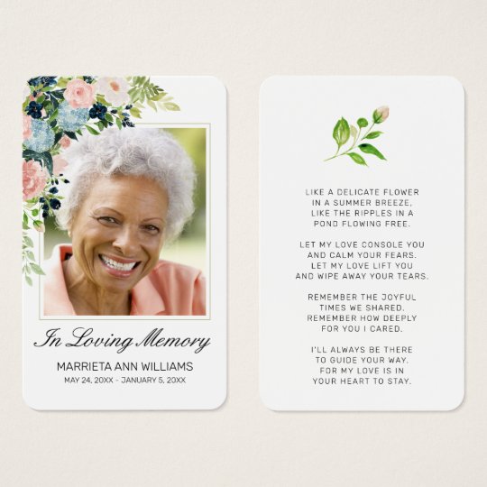 Sympathy Pink Blue Rose Floral Photo Prayer Card | Zazzle.com